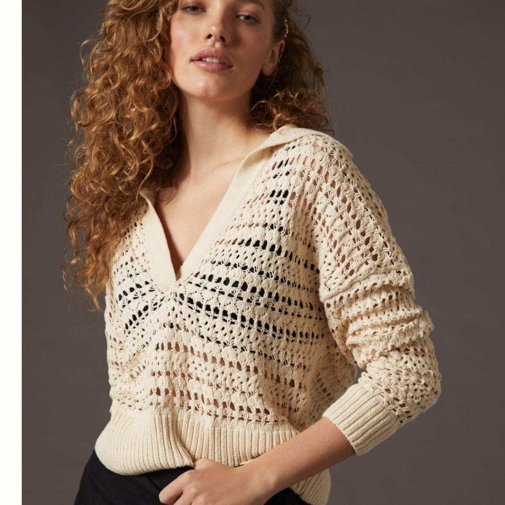 Anthropologie Open Stitch Polo Pullover Sweater